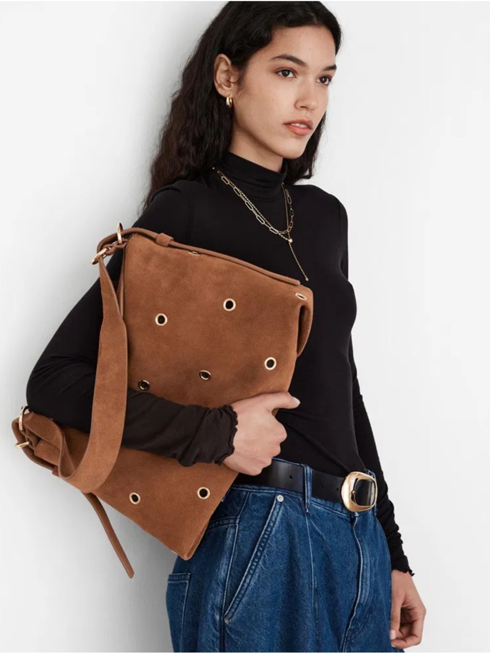 & Other Stories Brown Suede Eyelet Embellished Large Shoulder Bag